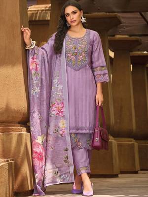 Women Floral Yoke Design Thread Work Linen Kurta with Trousers & With Dupatta 2