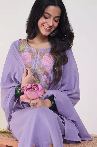 Floral Embroidered Notch Neck Pure Cotton Kurta & Trousers With Dupatta