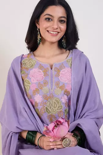 Floral Embroidered Notch Neck Pure Cotton Kurta & Trousers With Dupatta