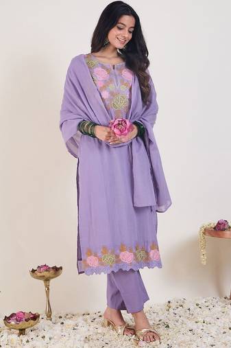 Floral Embroidered Notch Neck  Cotton Kurta & Trousers With Dupatta