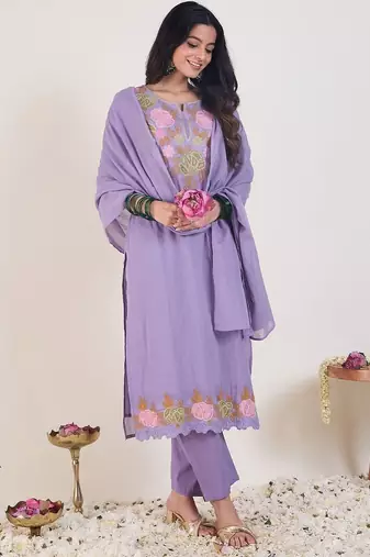 Floral Embroidered Notch Neck Pure Cotton Kurta & Trousers With Dupatta