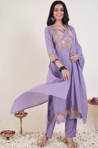 Floral Embroidered Notch Neck Pure Cotton Kurta & Trousers With Dupatta