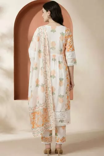 Women Floral Printed Regular Pure Cotton Kurta with Trousers & With Dupatta