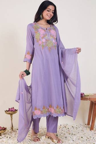 Floral Embroidered Thread Work  Cotton Straight Kurta With Trousers & Dupatta