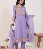 Floral Embroidered Thread Work Pure Cotton Straight Kurta With Trousers & Dupatta