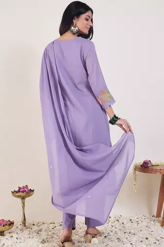 Floral Embroidered Thread Work Pure Cotton Straight Kurta With Trousers & Dupatta