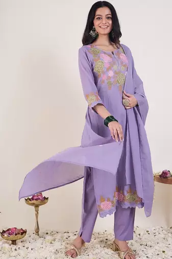 Floral Embroidered Thread Work Pure Cotton Straight Kurta With Trousers & Dupatta
