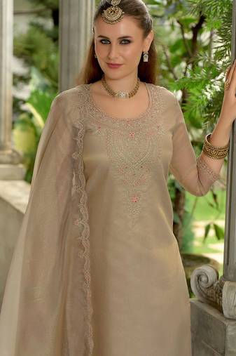 Floral Yoke Design Sequnnied Straight Kurta With Trousers & Dupatta