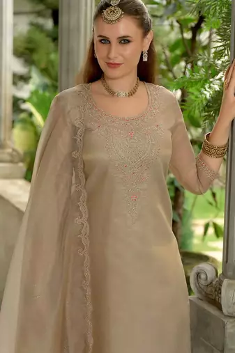 Floral Yoke Design Sequnnied Straight Kurta With Trousers & Dupatta