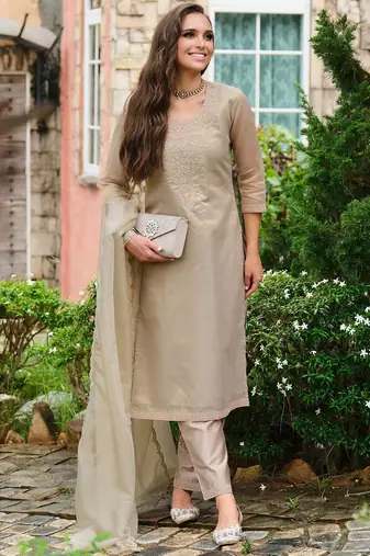 Floral Yoke Design Sequnnied Straight Kurta With Trousers & Dupatta