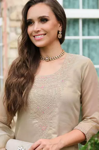Floral Yoke Design Sequnnied Straight Kurta With Trousers & Dupatta