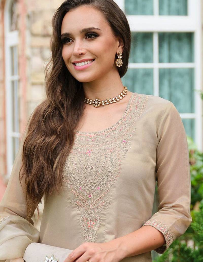 Floral Yoke Design Sequnnied Straight Kurta With Trousers & Dupatta