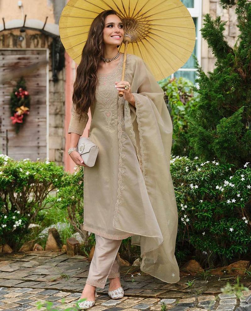 Floral Yoke Design Sequnnied Straight Kurta With Trousers & Dupatta