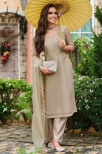 Floral Yoke Design Sequnnied Straight Kurta With Trousers & Dupatta