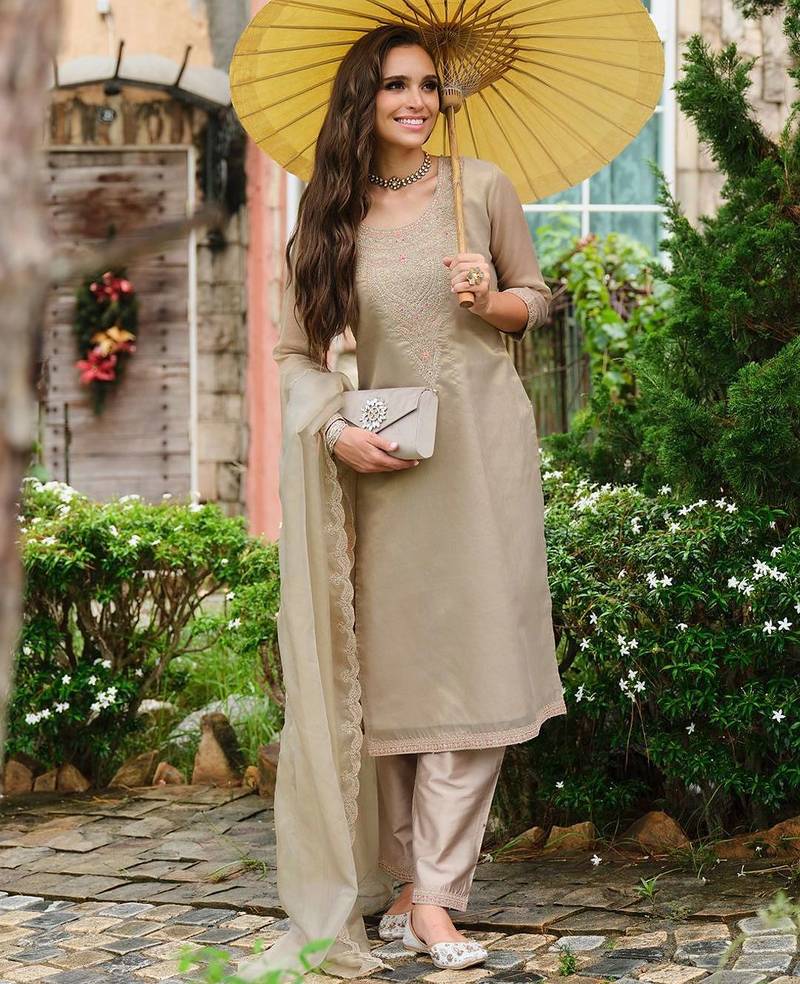Floral Yoke Design Sequnnied Straight Kurta With Trousers & Dupatta