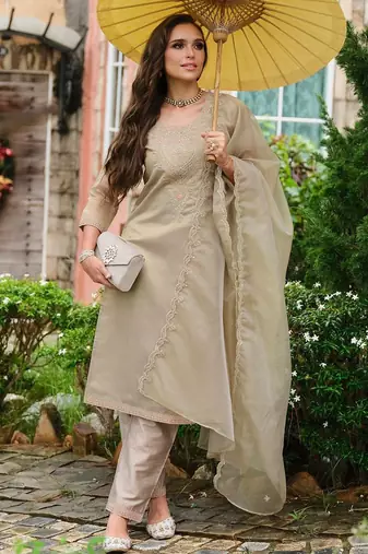 Floral Yoke Design Sequnnied Straight Kurta With Trousers & Dupatta