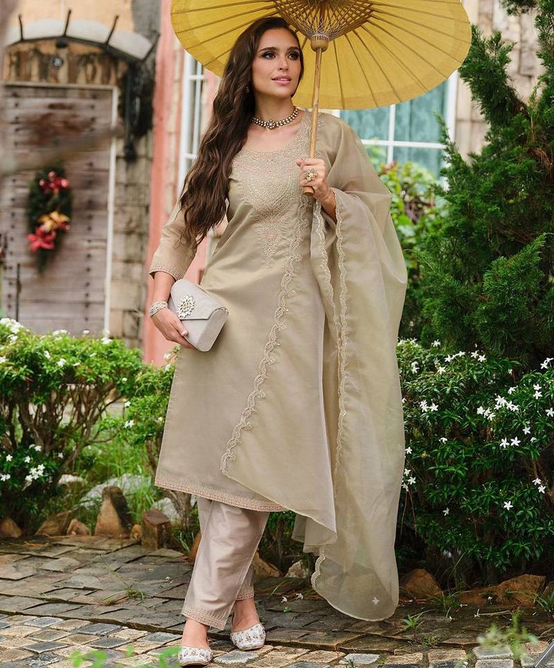 Floral Yoke Design Sequnnied Straight Kurta With Trousers & Dupatta
