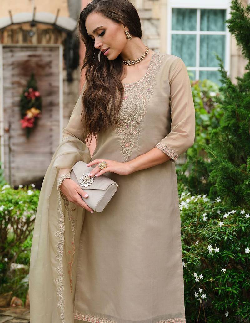 Floral Yoke Design Sequnnied Straight Kurta With Trousers & Dupatta