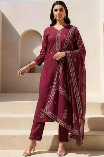 Women Ethnic Motifs Embroidered Regular Thread Work Pure Cotton Kurta with Trousers & With Dupatta