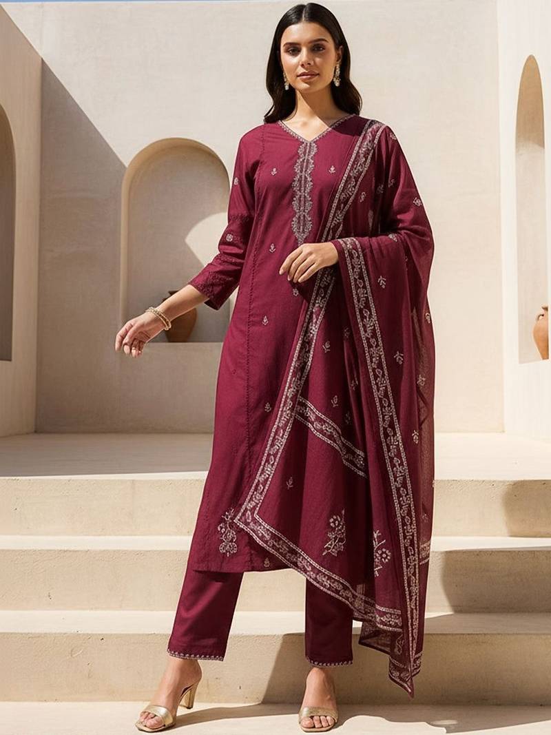 Women Ethnic Motifs Embroidered Regular Thread Work Pure Cotton Kurta with Trousers & With Dupatta