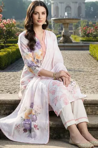 Women Floral Printed Regular Linen Kurta with Trousers & With Dupatta