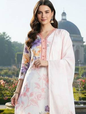 Women Floral Printed Regular Linen Kurta with Trousers & With Dupatta 2