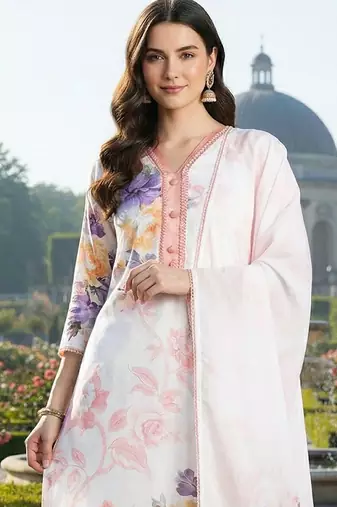 Women Floral Printed Regular Linen Kurta with Trousers & With Dupatta