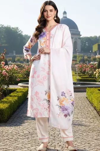 Women Floral Printed Regular Linen Kurta with Trousers & With Dupatta