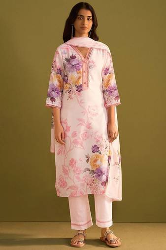 Floral Printed V Neck Linen Kurta With Trousers & Dupatta