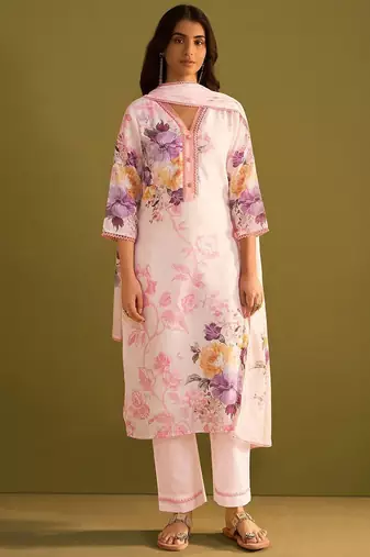 Floral Printed V Neck Linen Kurta With Trousers & Dupatta