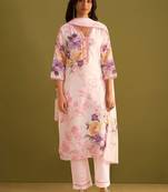 Floral Printed V Neck Linen Kurta With Trousers & Dupatta