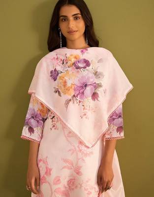Floral Printed V Neck Linen Kurta With Trousers & Dupatta 2