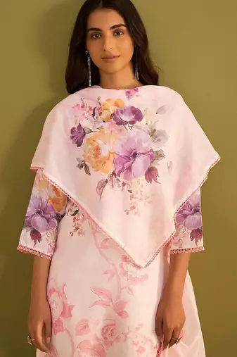 Floral Printed V Neck Linen Kurta With Trousers & Dupatta