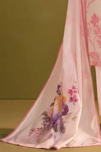 Floral Printed V Neck Linen Kurta With Trousers & Dupatta