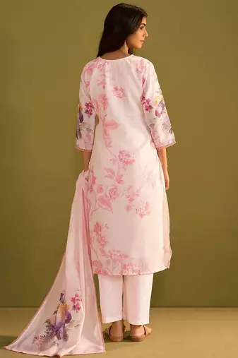 Floral Printed V Neck Linen Kurta With Trousers & Dupatta