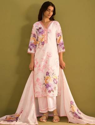 Floral Printed V Neck Linen Kurta With Trousers & Dupatta 5