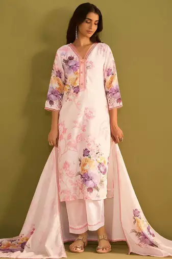 Floral Printed V Neck Linen Kurta With Trousers & Dupatta