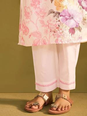 Floral Printed V Neck Linen Kurta With Trousers & Dupatta 6