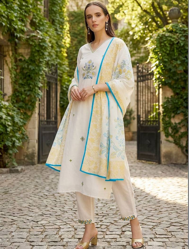 Women Floral Embroidered Regular Thread Work Pure Cotton Kurta with Trousers & With Dupatta