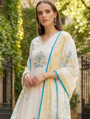 Women Floral Embroidered Regular Thread Work Pure Cotton Kurta with Trousers & With Dupatta 2