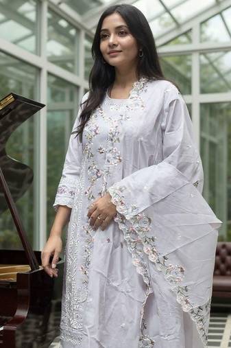 Floral Embroidered Thread Work  Cotton Kurta With Trousers & Dupatta