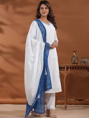 Women Ethnic Motifs Embroidered Regular Thread Work Pure Cotton Kurta with Trousers & With Dupatta 3
