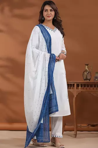 Women Ethnic Motifs Embroidered Regular Thread Work Pure Cotton Kurta with Trousers & With Dupatta
