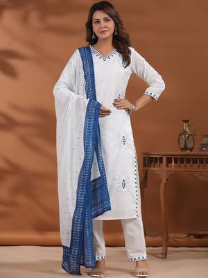 Women Ethnic Motifs Embroidered Regular Thread Work Pure Cotton Kurta with Trousers & With Dupatta 6