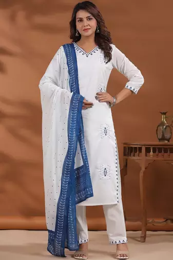Women Ethnic Motifs Embroidered Regular Thread Work Pure Cotton Kurta with Trousers & With Dupatta