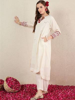 Women Ethnic Motifs Embroidered Regular Thread Work Pure Cotton Kurta with Trousers 5