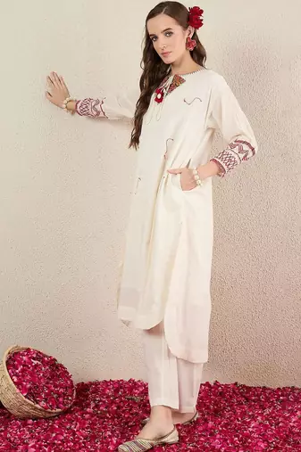Women Ethnic Motifs Embroidered Regular Thread Work Pure Cotton Kurta with Trousers