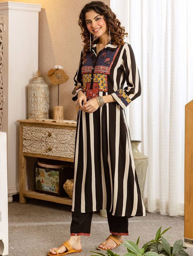 Women Striped Panelled Kurta with Trousers