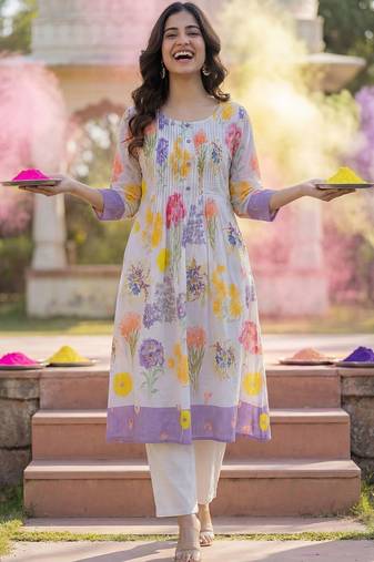 Women Floral Printed Regular  Cotton Kurta with Trousers