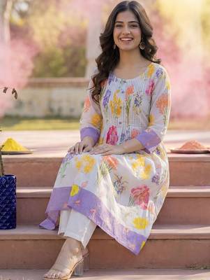 Women Floral Printed Regular Pure Cotton Kurta with Trousers 5